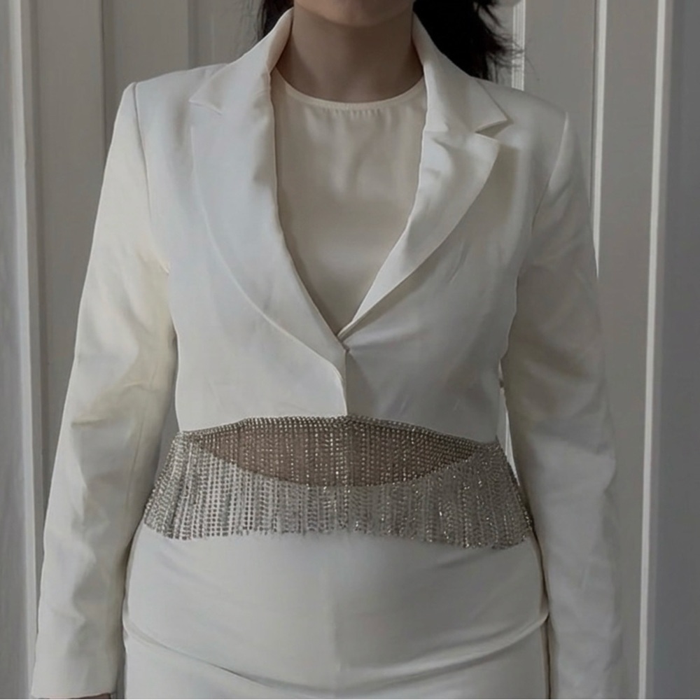 Ivory Rhinestone Fringe Blazer
